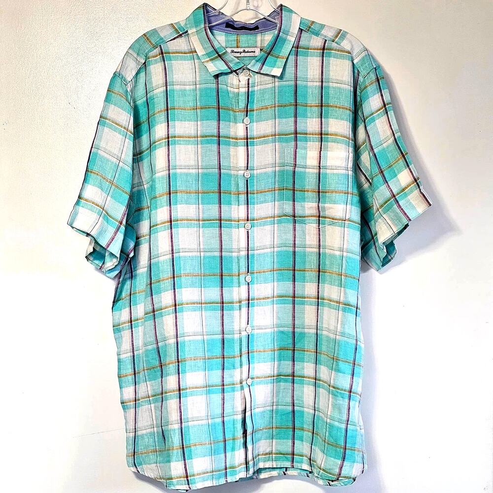 Tommy Bahama Blue Madras Plaid 100% Linen Shirt XL - Mens Short Sleeve Button-Up